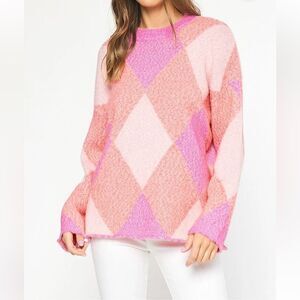 Entro Pink Orange Argyle Pullover Sweater Size M